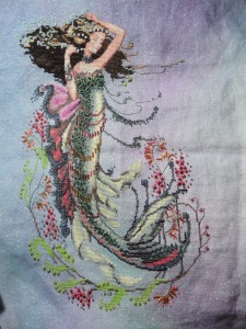 South Seas Mermaid by Mirabilia. Stitched on 28 ct Aurora by CWC. Finished 8/3/13 
